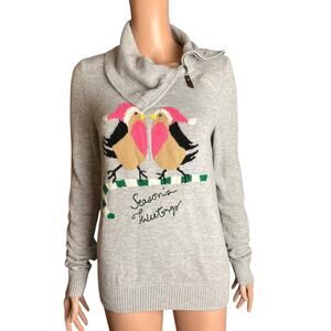 Talbots Christmas Birds “Seasons Tweetings” Zip Cowl Neck Sweater Small Preppy